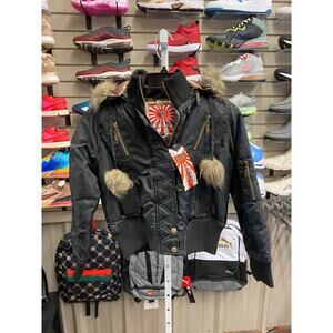Tokyo Collections Y2K Faux Fur Trim Bomber Jacket Detachable Hood Women's Small